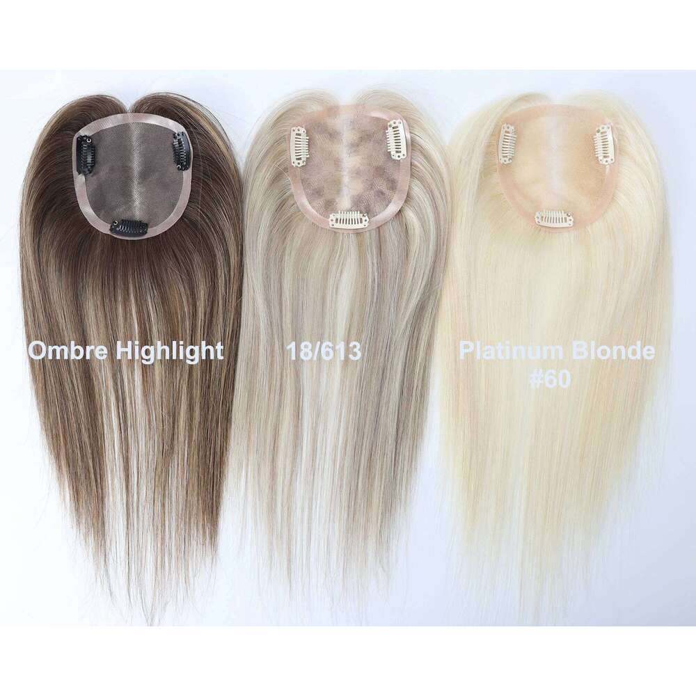 9.5X9.5cm Mono Base Topper for Women Real Remy Brazilian Human Hairpieces with Clips in 12" Ombre Highlight Summer Breathable
