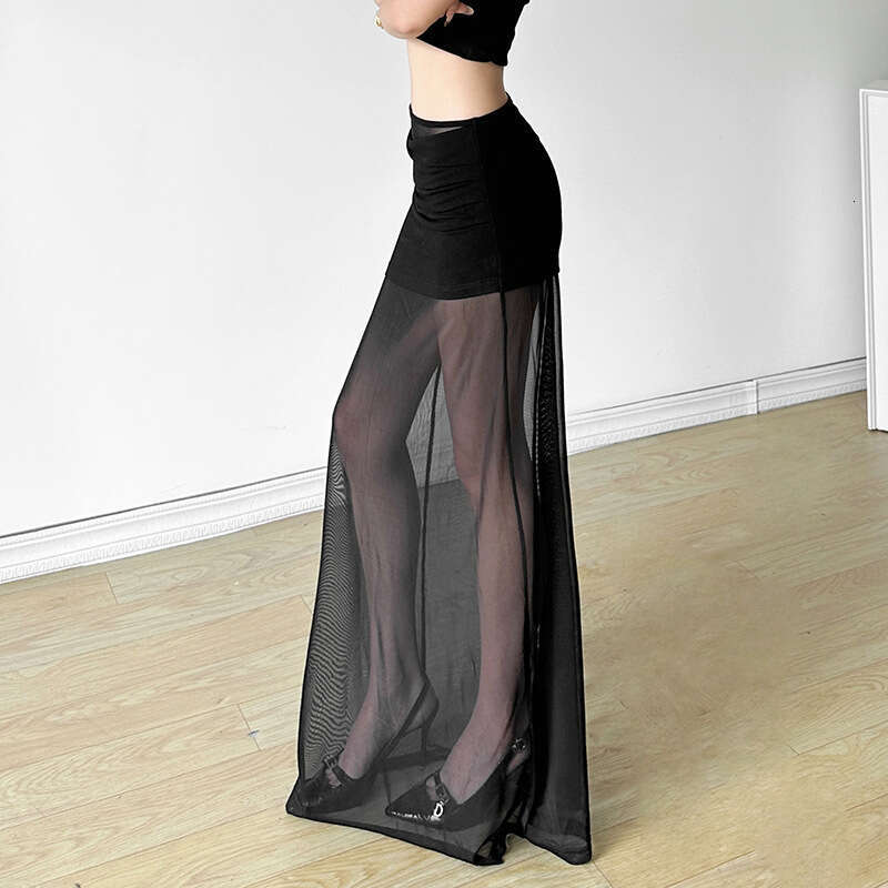 Summer New Women's Solid Color Slim Fit Street Fashion High Waist Sheer Mesh Skirt B5