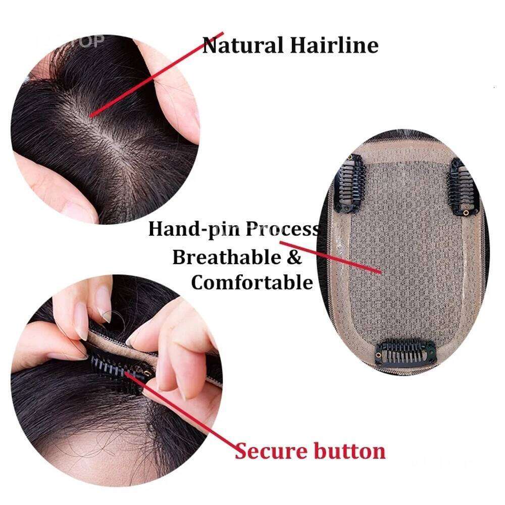 8x12cm Base Topper for Women Summer Breathable Silk Top Toupee Remy Human Hair System Cover with Clips in Black
