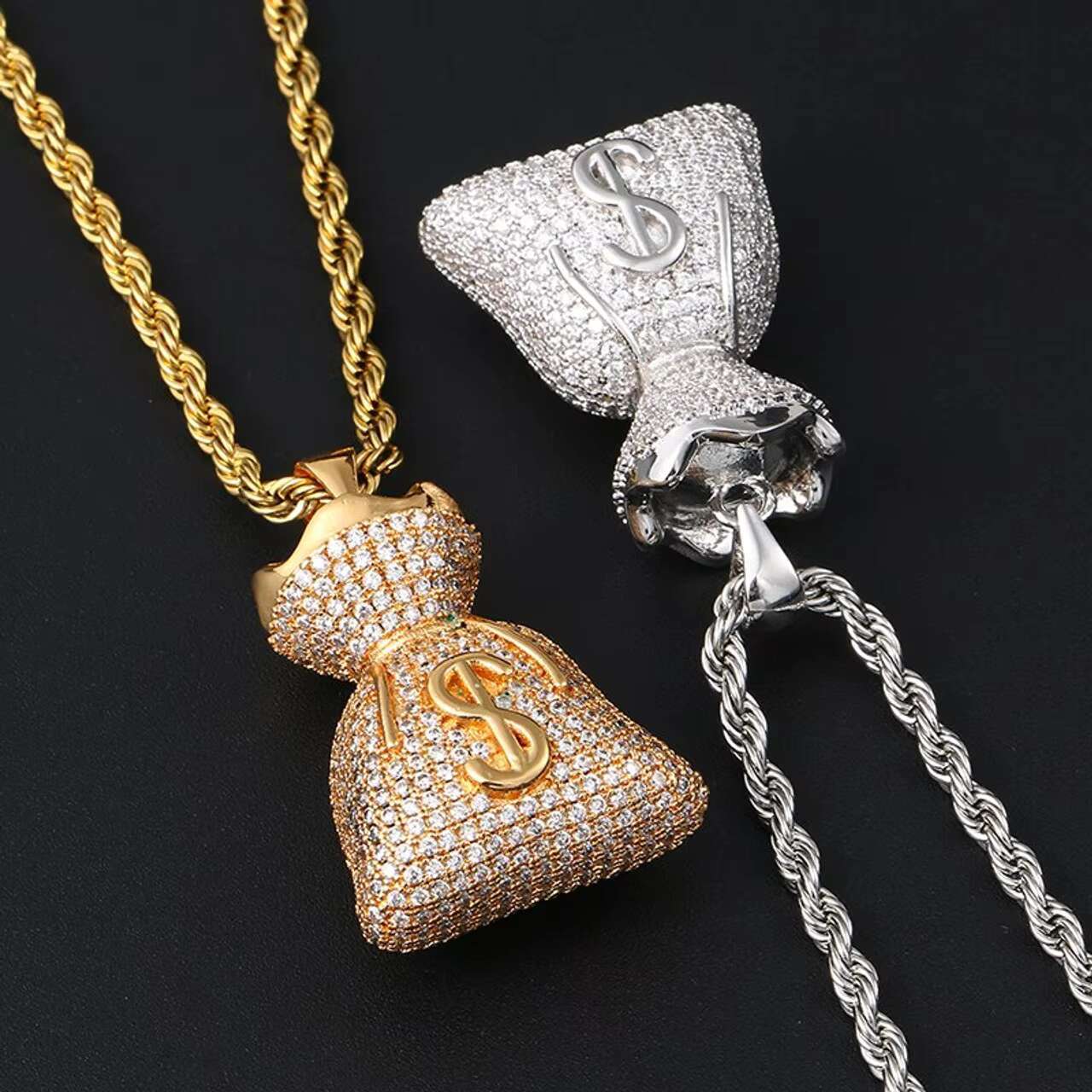 Luxury Hip Hop Style 18K Gold 925 Silver Iced Out Dollar Sign Money Bag Pendant Mens Womens Moissanite Jewelry Necklace
