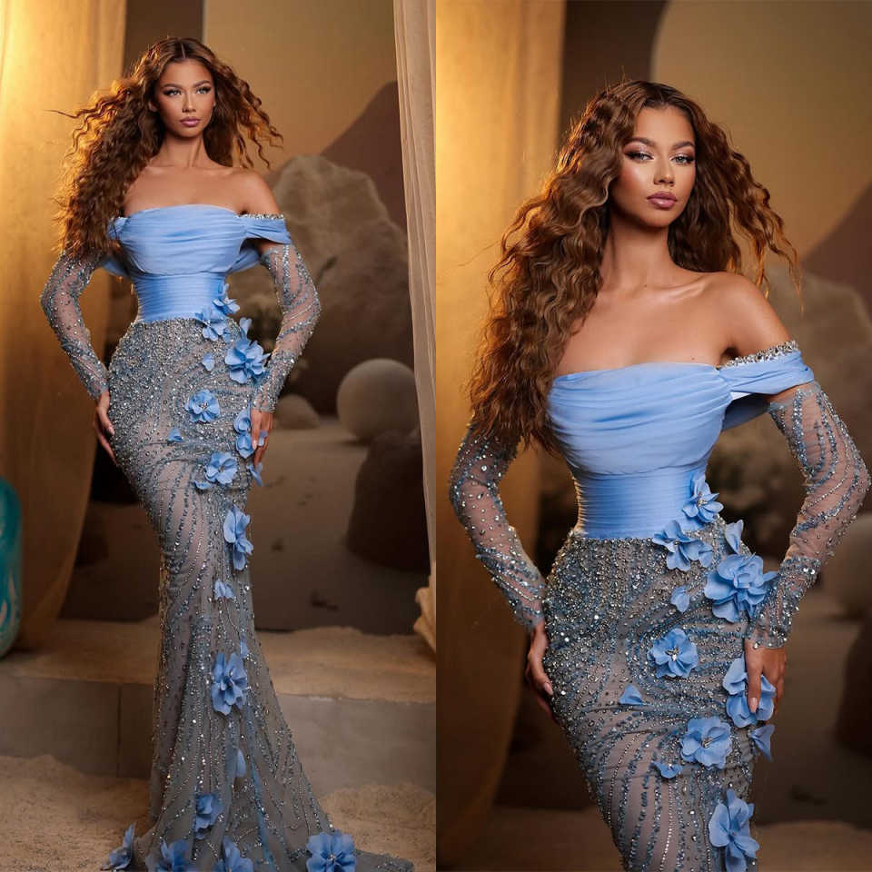 Mermaid Evening Dresses Sleeveless Prom Gowns Strapless Sequins Beaded Pearls Appliques 3D Lace Flowers Prom Dress Customized Vestido De Novia