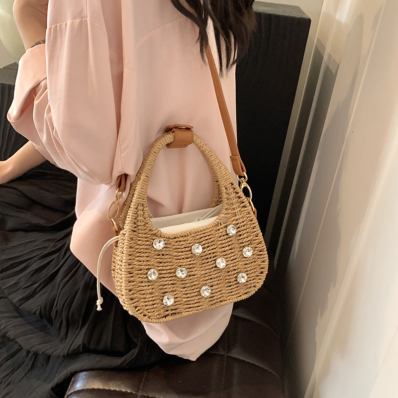 Designer's Free Shipping Vacation-style Rhinestone Woven Handbag Luxury Bag Women's 2025 Forest-style Fashionable Multi-functional Shoulder 