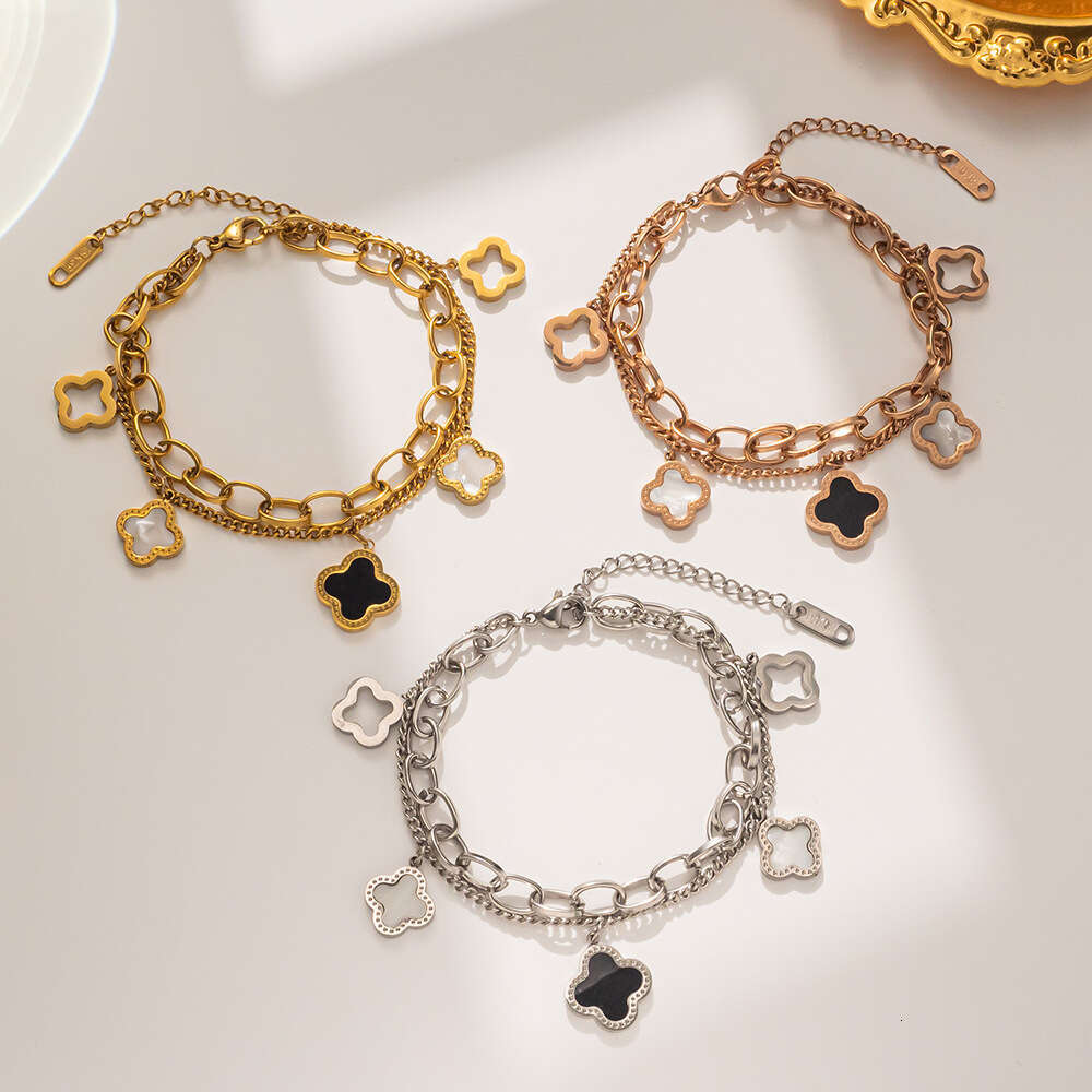 Korean Style Fashion Black and White Shell Double Layer Four-Leaf Flower Titanium Steel Bracelet Classic Versatile Wristband Qixi Festival Gift Access