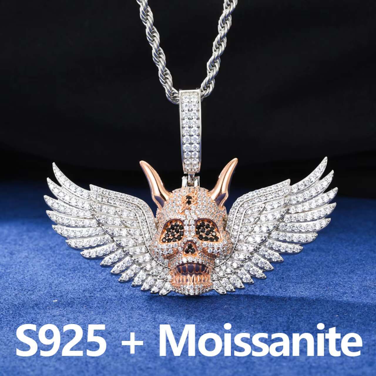 Luxury Hip Hop Solid 925 Silver Moissanite Diamond Pendant Necklace Premium Accessory with Fallen Angel Wings Demon Design