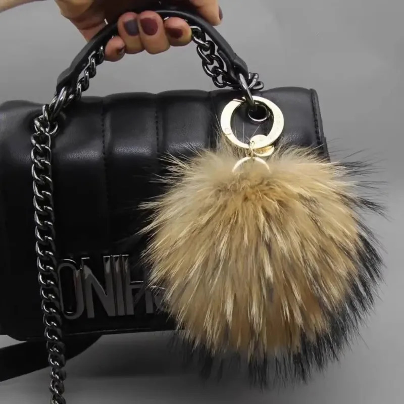 15cm Real Racoon Fur Pompom High Quality Keychain Key Chain Metal Ring Pendant For Women F281 250618