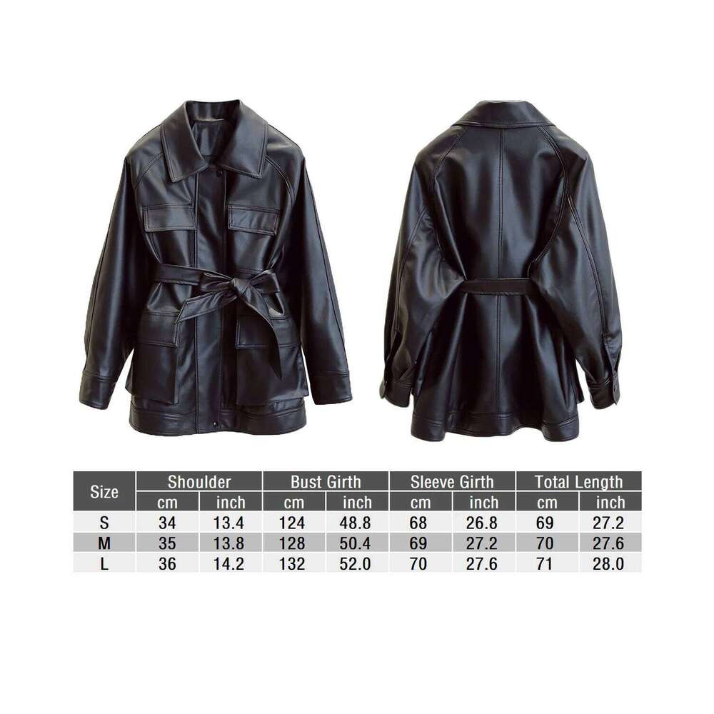 Fitaylor Women PU Jacket Vintage Lapel Zipper Faux Leather Coat High Street Motorcycle Outwear with Belt
