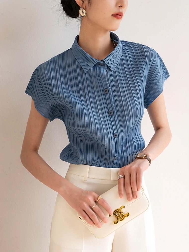 Miyake Pleated Cardigan Single Breasted Short Sleeve Polo Shirt Women Spring Summer Korean Fashion Causal Comfortable Clothing 250617