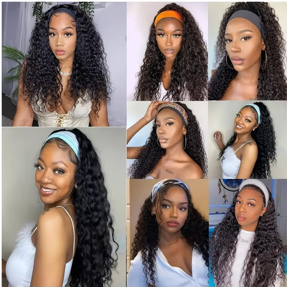 Deep Wave Headband Wig Human Hair Full Machine Made 250% Density Deep Curly Glueless Wig 100% Human Hair For Black Women Easy to Go