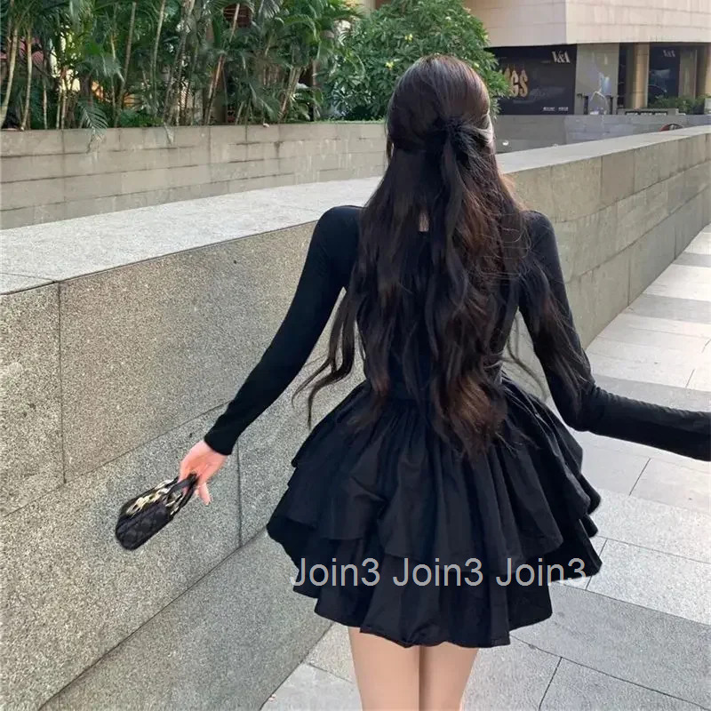 New In Splicing Black Female Dress Curvy Elastic Full Aesthetic High Quality Womens Long Sleeve Dresses Luxury Clothes Harajuku