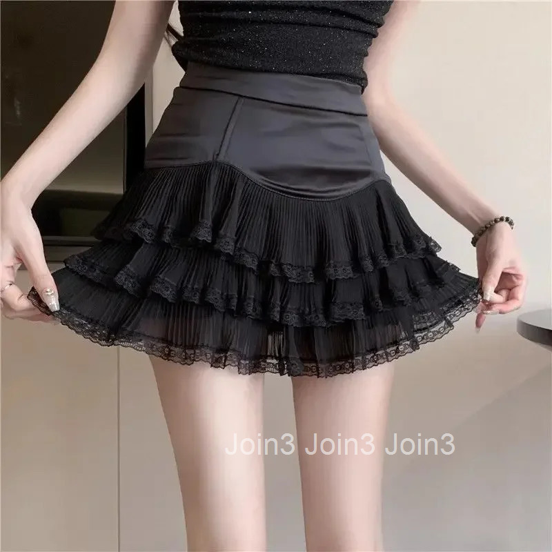 Mini Skirts for Women Black High Waist Midi Short Lace Woman Skirt Ruffle Y2k Vintage Chic and Elegant Summer 2025 Streetwear V