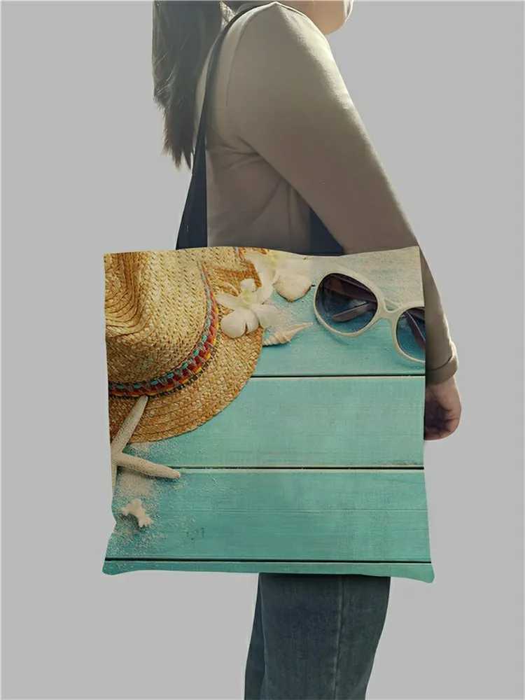 Ladies Shoulder Bag Blue Ocean Starfish Beach Sand Prints Tote Shopping Bag Linen Fabric Beautiful Casual Practical Handbag B250618