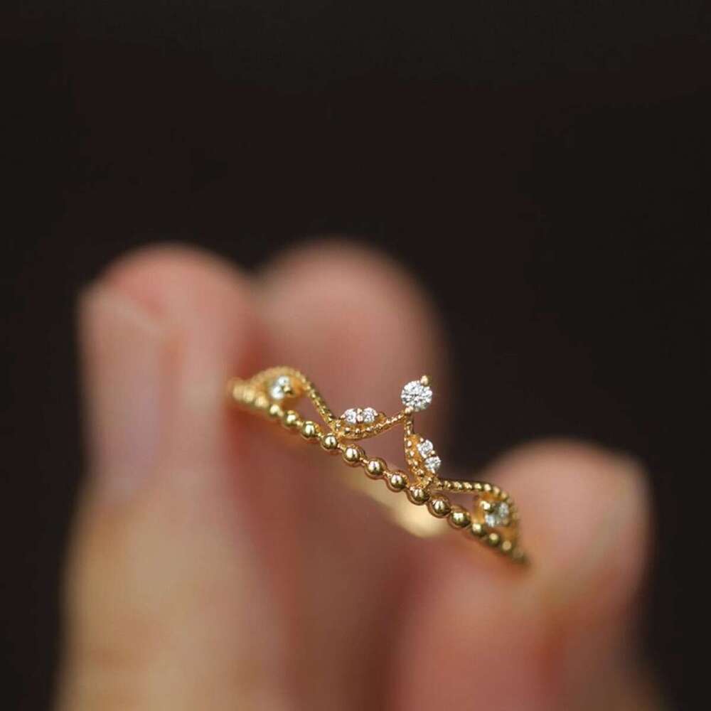 French Micro Paved Zircon for Women Princess Palace Style Light Luxury Crown Open Versatile Ring