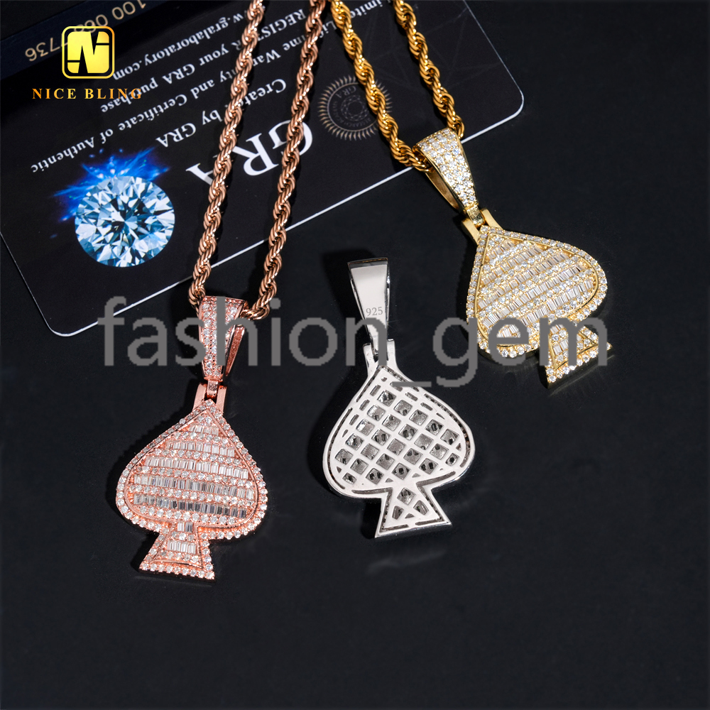Lucky Charm Fortune Health Spade Pendant Ready Stock Baguette Moissanite Pendant Hip Hop Iced Out Pendant Birthday Gift