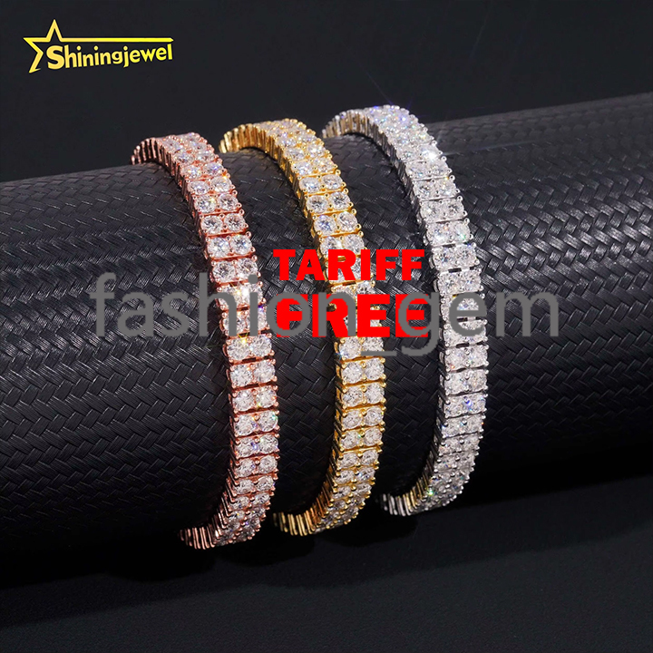 2rows VVS GRA Moissanite Tennis Bracelet Sterling Silver 925 Luxury Gold Plated Moissanite Hip Hop Tennis Chain Jewelry