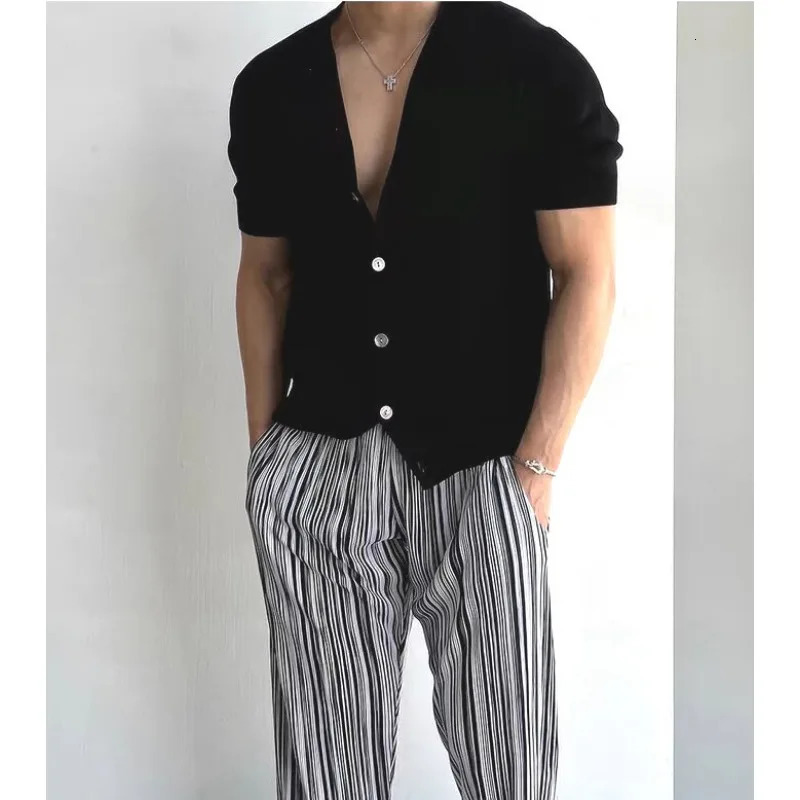 y Men Knitted Cardigan Short Sleeve Summer Thin Singlebreasted Knit Sweater Breathable Ice Silk Tshirt Outerwear 250617
