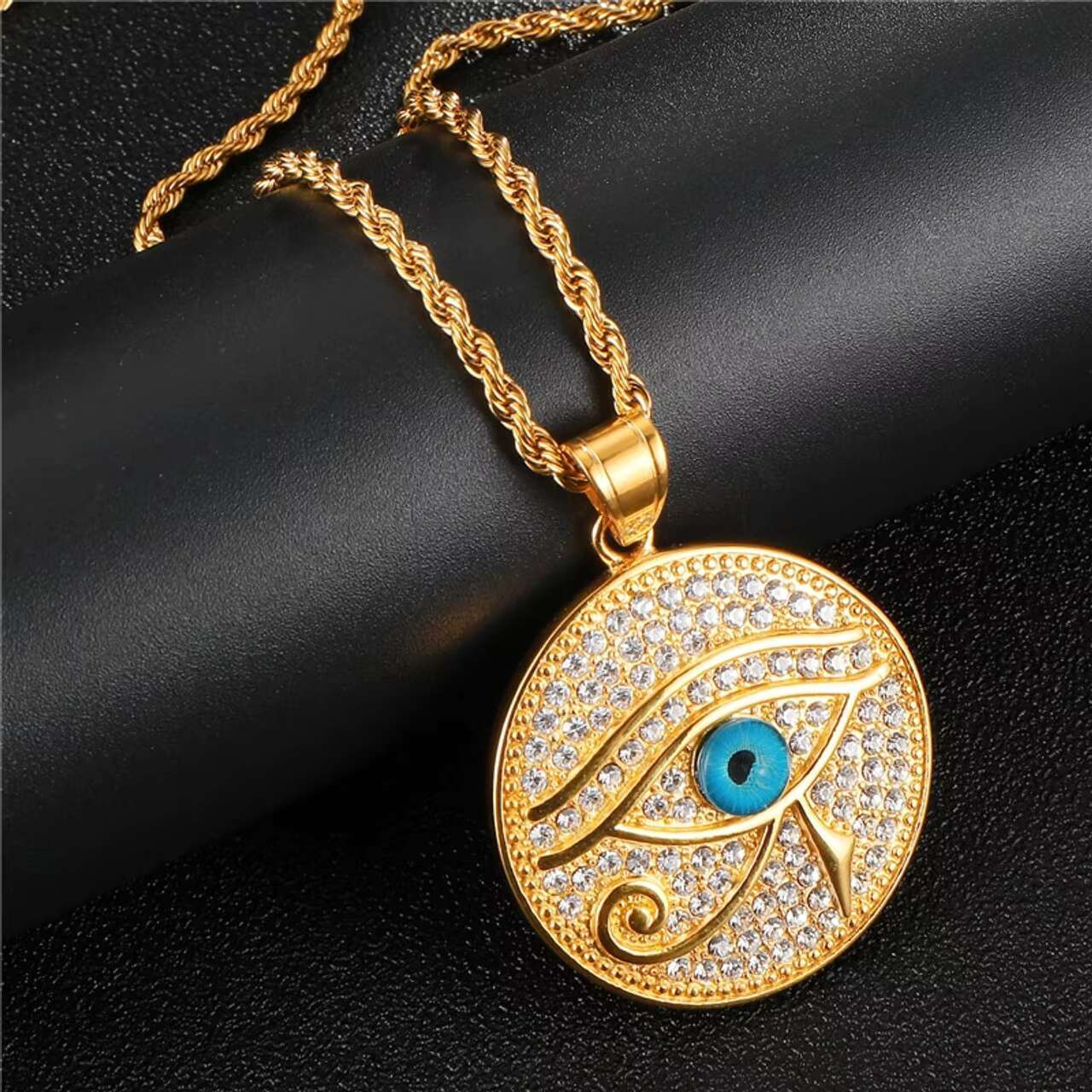 New Trendy 14k Gold Egypt Eye of Horus Pattern round Pendant Necklace with Moissanite for Mens Womens Wear