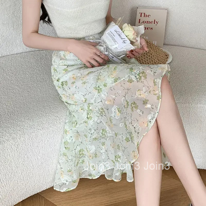 Woman Skirt Ruffle Floral Chiffon Midi Korean Style Clothing Trend 2025 Vintage Sales V Y2k Cheap Modest Summer Skirts for Women
