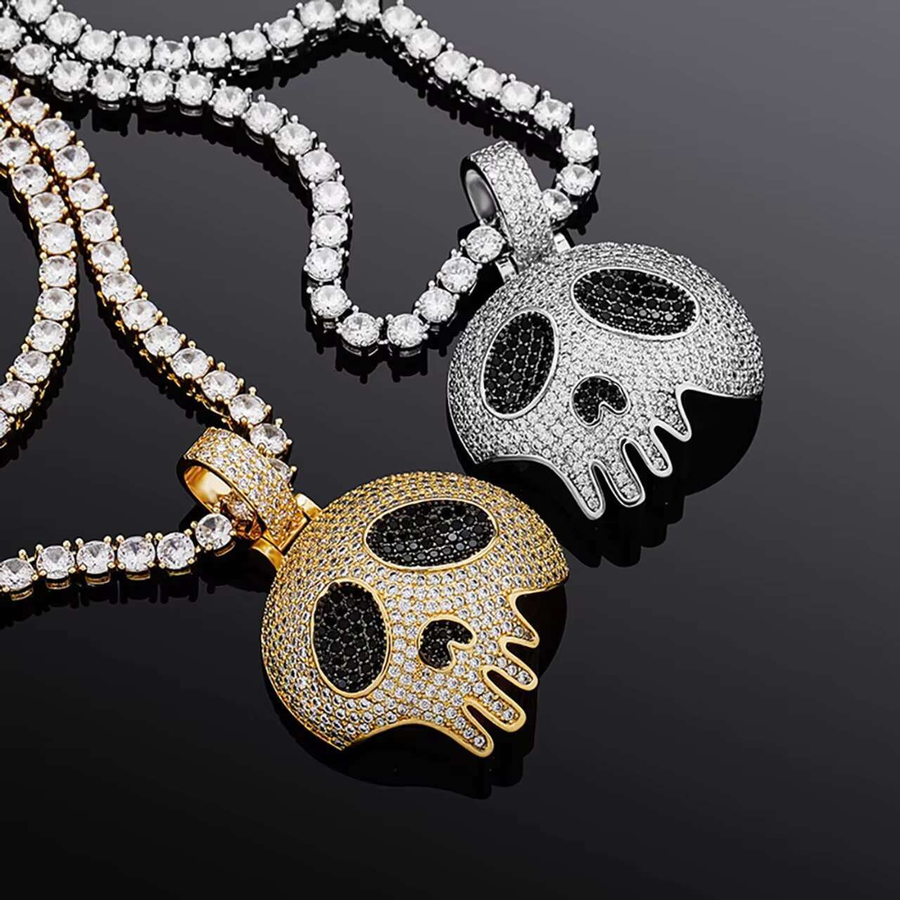 Mens 14K Gold 925 Silver Moissanite Pendant Chain Necklace Flooded Ice Broken Skull Head Hip Hop Style Charm