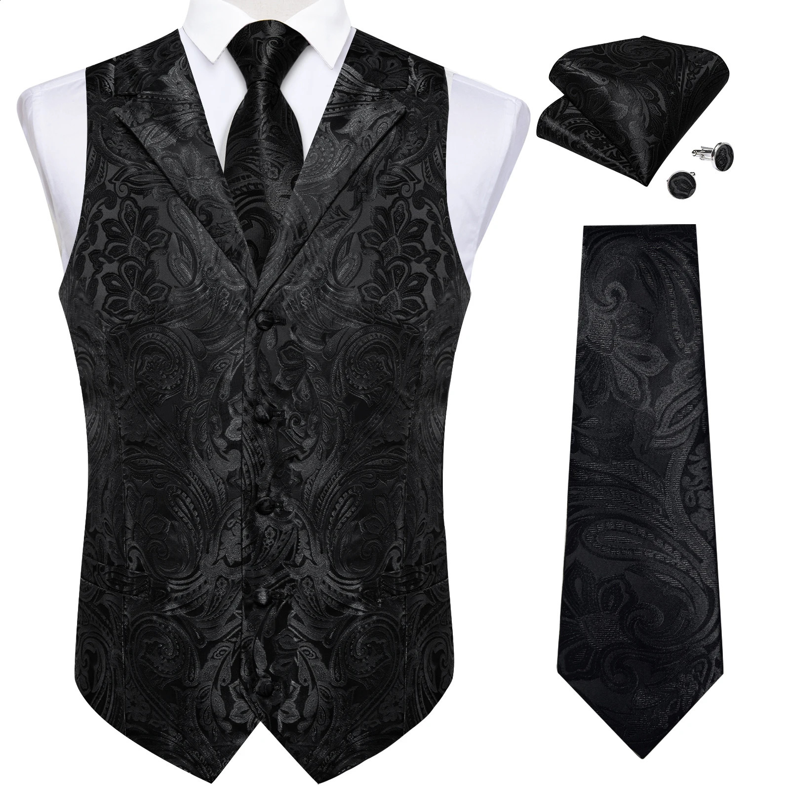 Mens Suit Vest Neck Tie Set Black Paisley Silk Waistcoat for Wedding Party Tuxedo Suits Sleeveless Jacket DiBanGu 250614