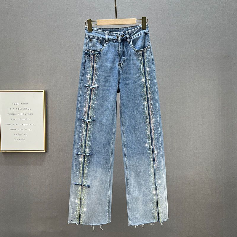 Cowboy wide leg pants for women with long pants 2025 new autumn high waisted loose fit slimming hot pressed diamond floor pants