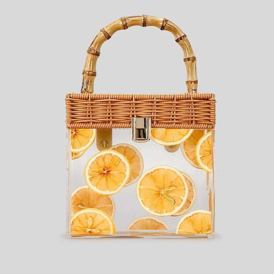 Fashion Transparent Box Women Handbags Vintage Rattan Bamboo Handle Hand Bags Handmade Summer Beach Bag Retro Party Purses 2023