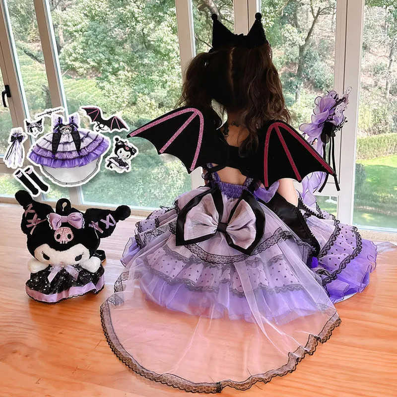 Sanrio Girls Kuromi Lolita Dress Princess Skirt Spring Summer Slip Dress Headband Wings Necklace Children Party Dress Cosplay CostumeXJ250618