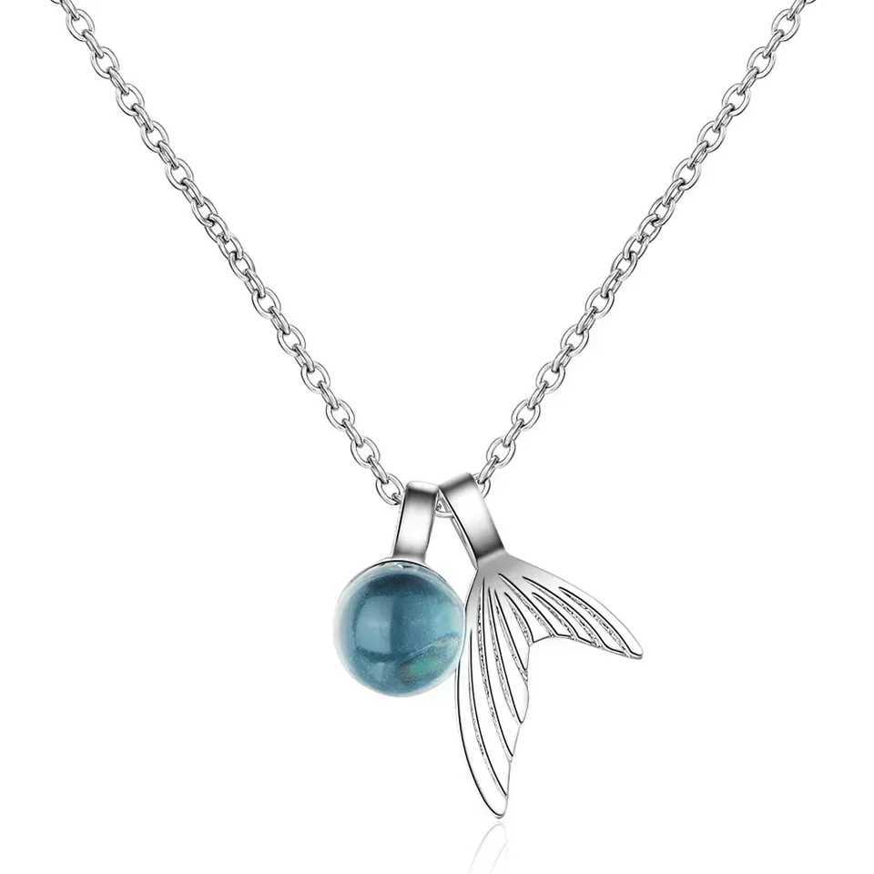 S925 Sterling Silver Womens Sapphire Bead Mermaid Tail Pendant Necklace (40cm+3.5cm) Luxury Jewelry W250618
