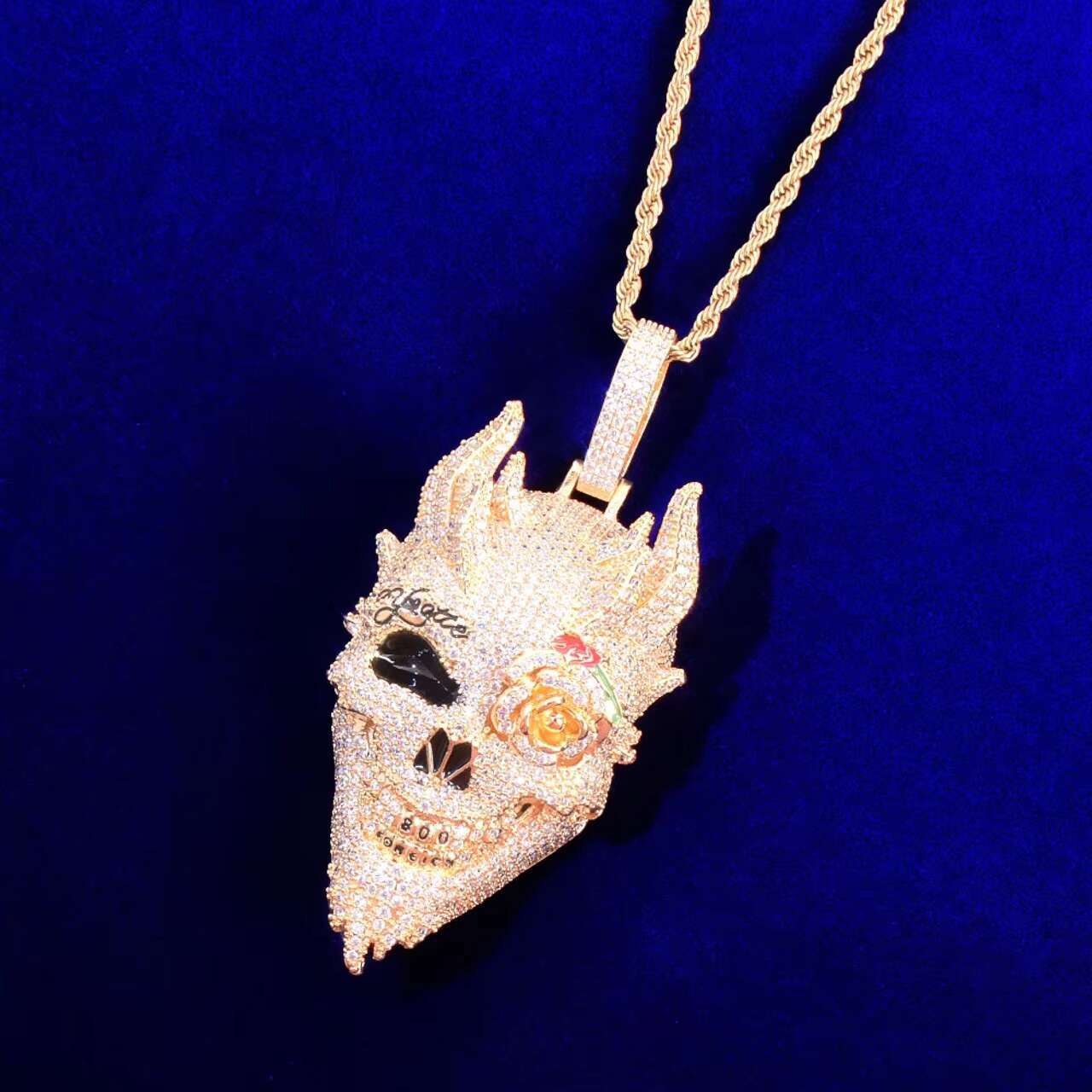 18K Yellow 14K White Gold Hip Hop Demon Skull Rose Flower Eye Pendant Personalidade Moissanite Iced Necklace Charms