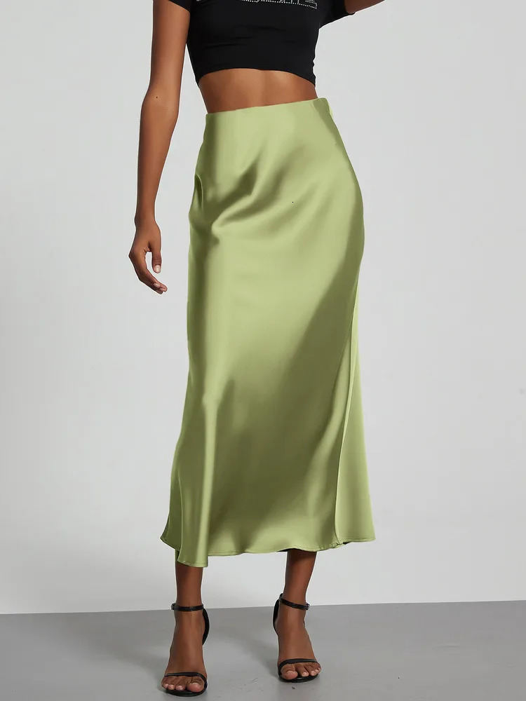 21 Colors 2025 Womens Elegant High Waist Satin Long Skirts Female Summer Solid Color Faldas 250617