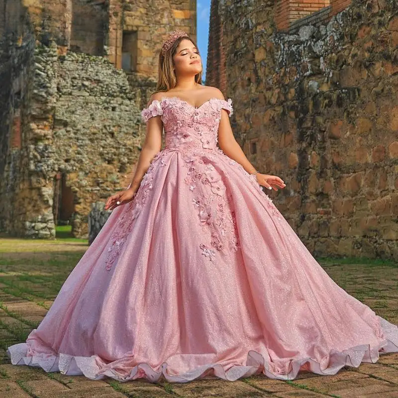 Mexican Pink Shiny Quinceanera Dresses Ball Gown Appliques Floral Lace Beading Birthday Party Sweet 16