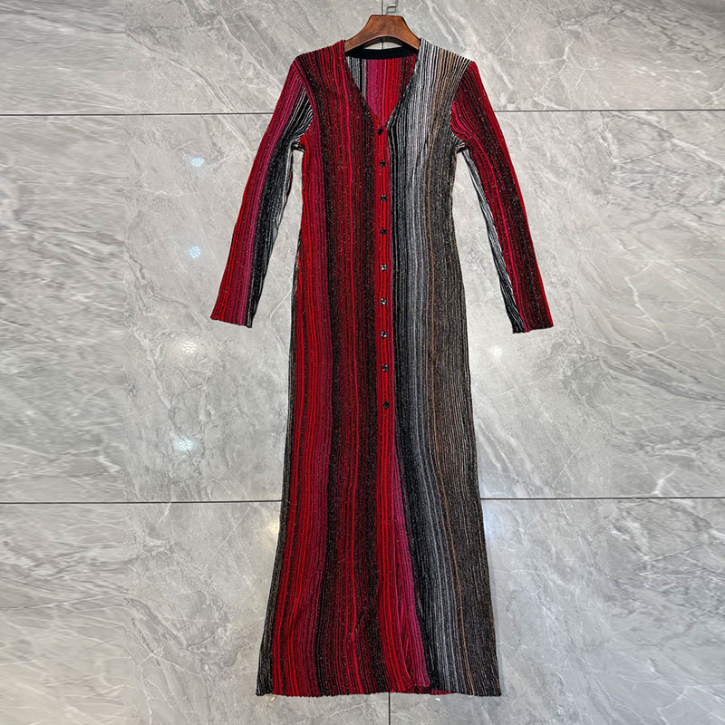 Summer New Women's Sequin Maxi Cardigan Dress Fashion Long Sleeve V-Neck Button Front Ankle Length Striped Two Colors Classic Luxury Clothes S064