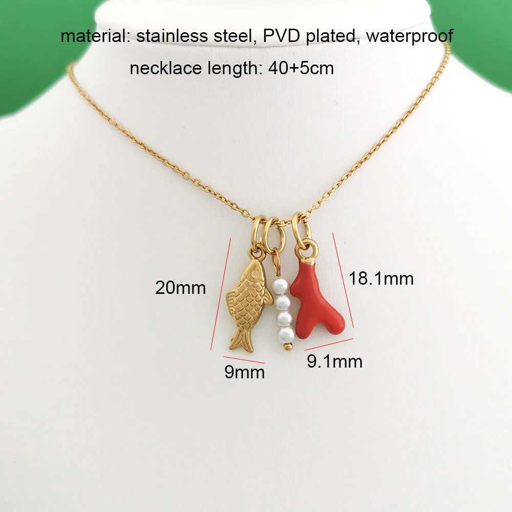 QMHJE Women Necklace Stainless Steel Ocean Starfish Fish Shell Pearl Coral Multiple Pendants Slim Choker Gold Color Wholesale W250618