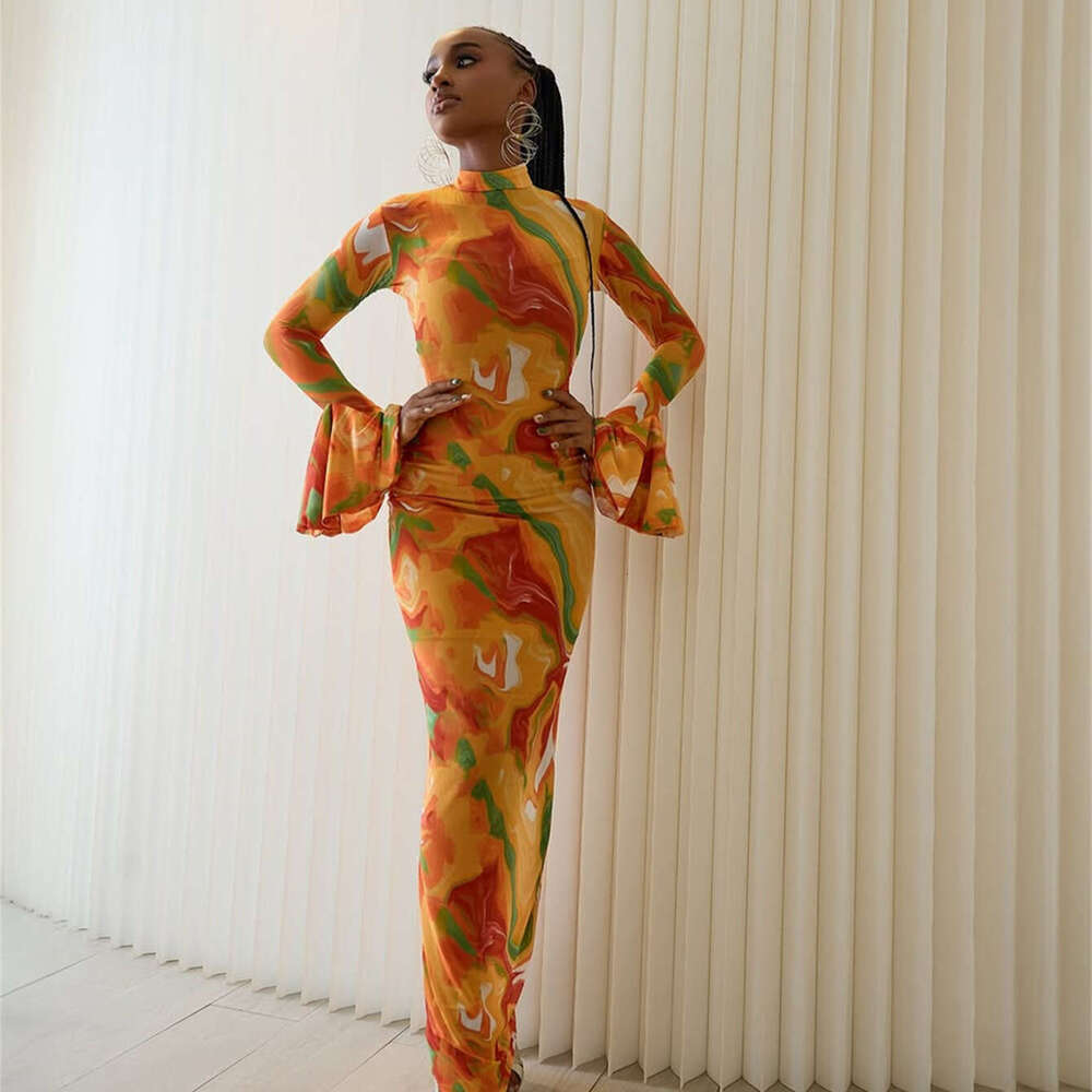 New Fashion Printed Slim Sexy Mesh Sheer Flared Sleeve Bodycon Long Dress B5