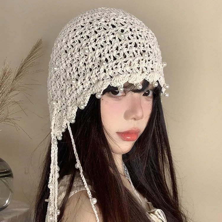 Lace-Knit Pearl Fringed Beanie Hat for Women - Ethnic Summer Crochet Pull-On Cap in Vintage Style 250618