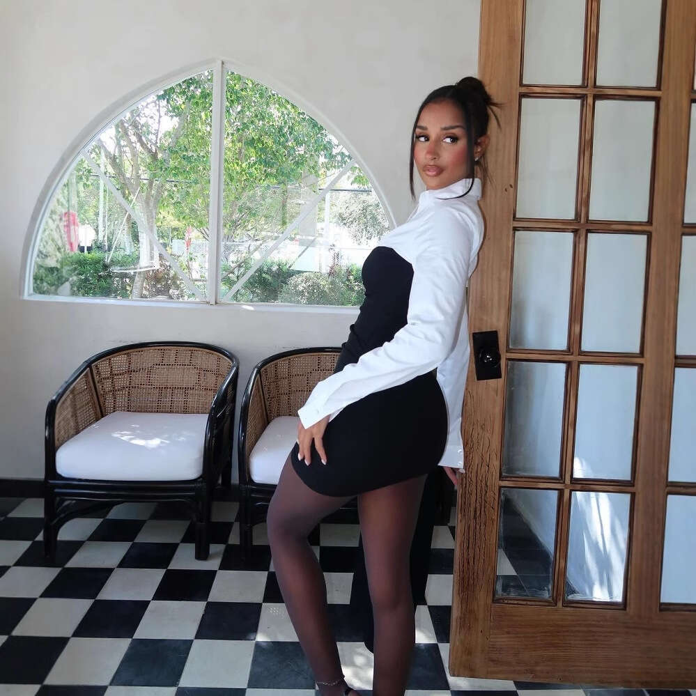 Autumn New Fashion Sexy White Elegant Color Block Turn-Down Collar Dress Women's Clothing B5