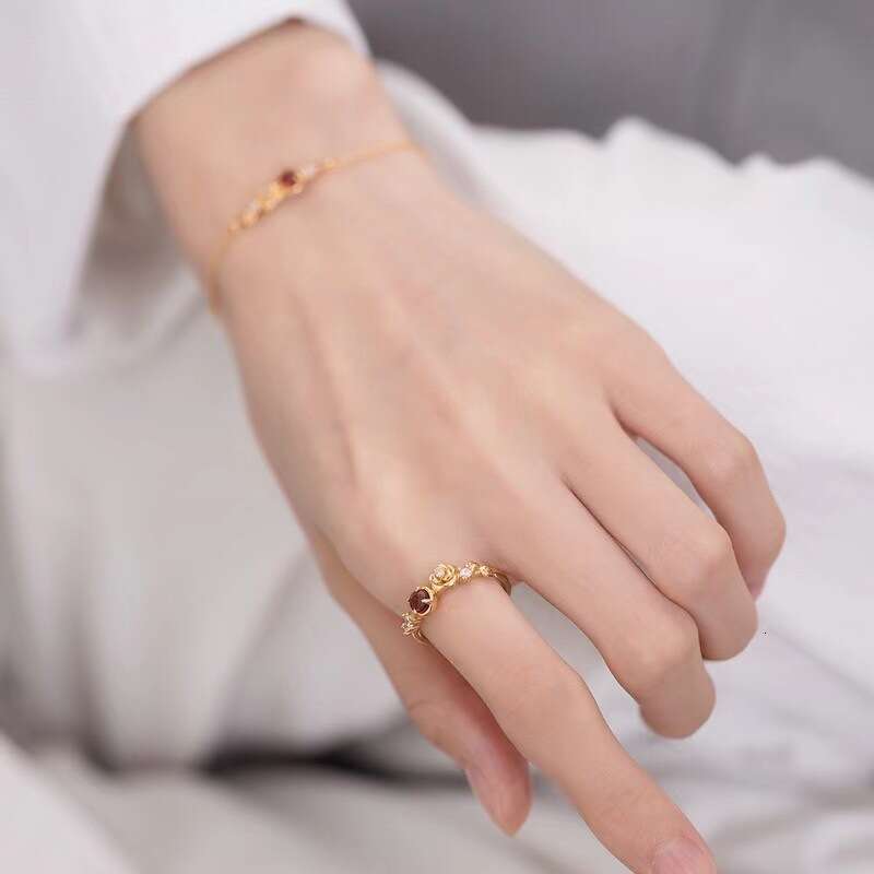 Venus Garnet Gemstone Rose Ring for Women, Ins Style, Light , Simple and Sweet Jewelry, Gold Plated