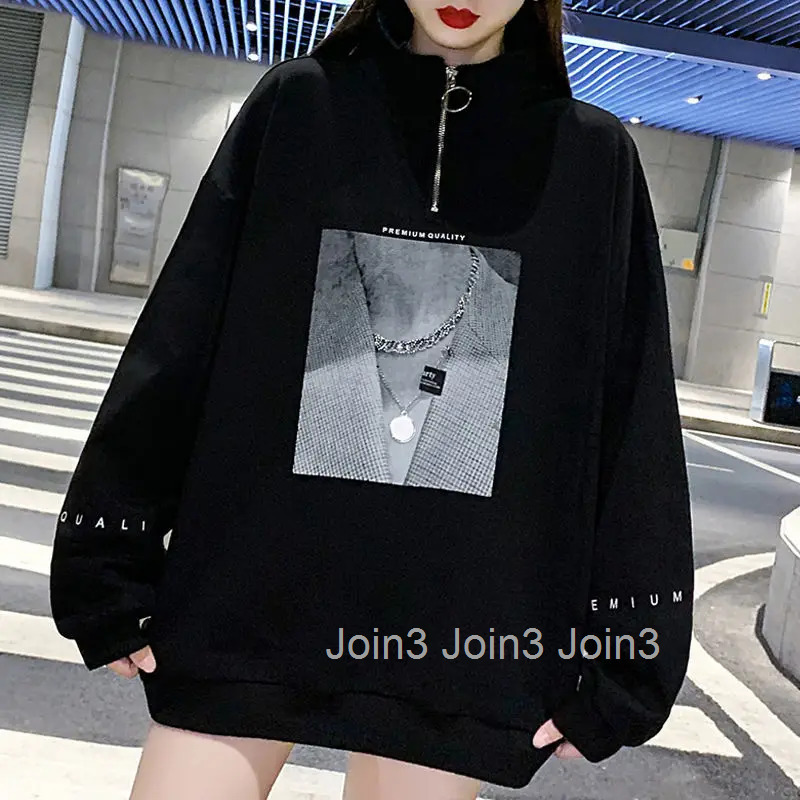 Full Zip Up Black Sweatshirts for Women with Zipper Pullovers Female Clothes Orint on Sport Long Sleeve Kpop Essential M E Tops