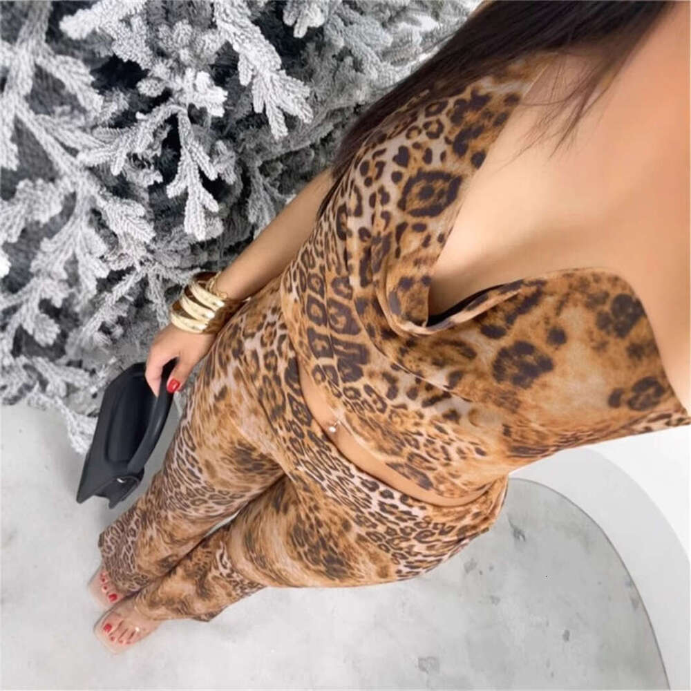 New Leopard Print Slim Fit Sexy Halter Neck Backless Top And Pants Set B5