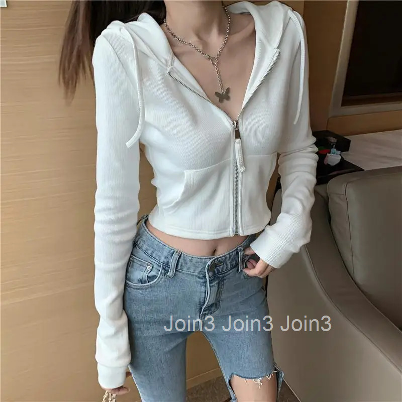 Female Clothes Cropped Hoodies Full Zip Up Sweatshirts for Women Plain Hooded with Tops Zipper 2000s Essential Winter Cold Emo M
