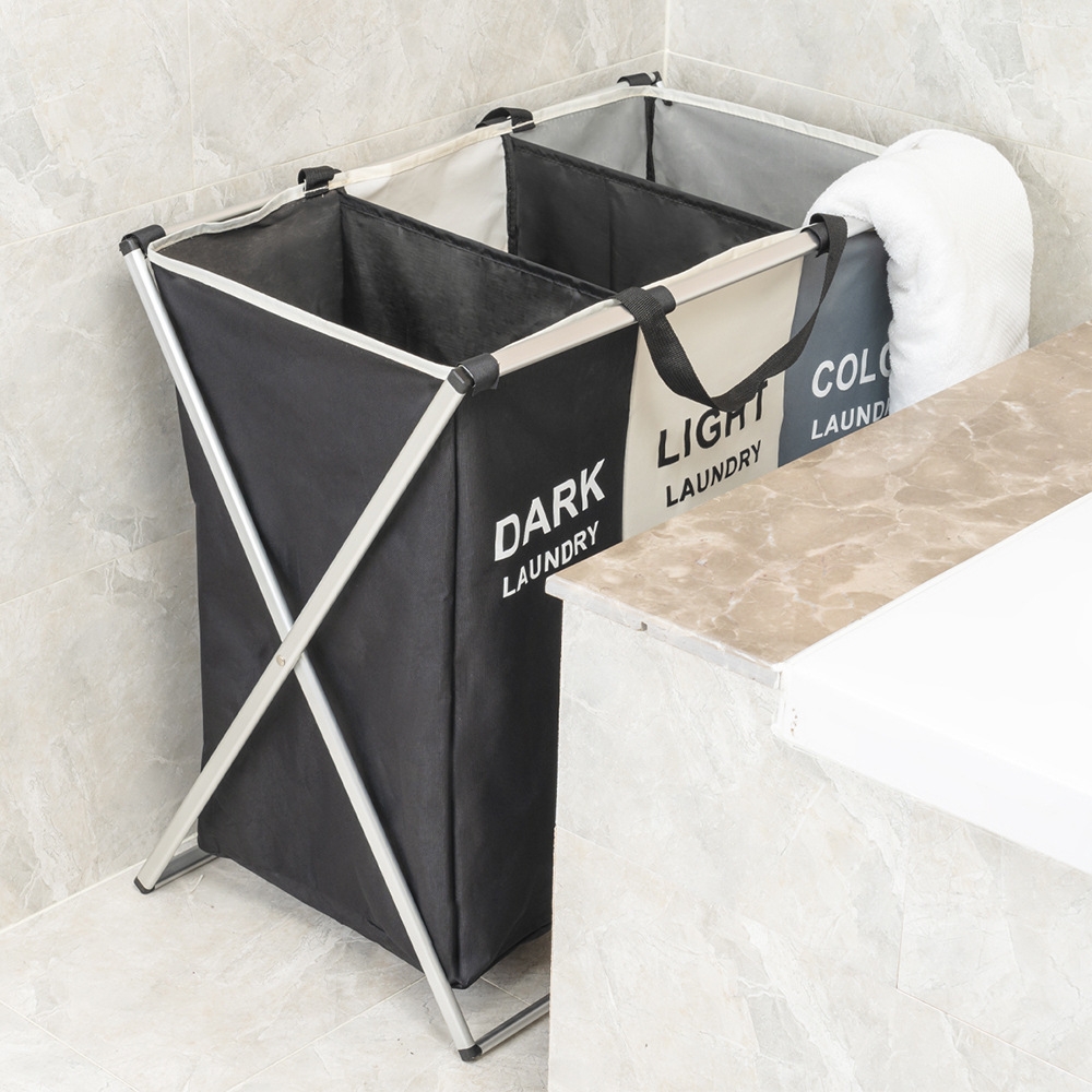 Foldable dirty clothes basket storage box X-shaped printing foldable three-grid household laundry basket classification storage basket laundry basket 