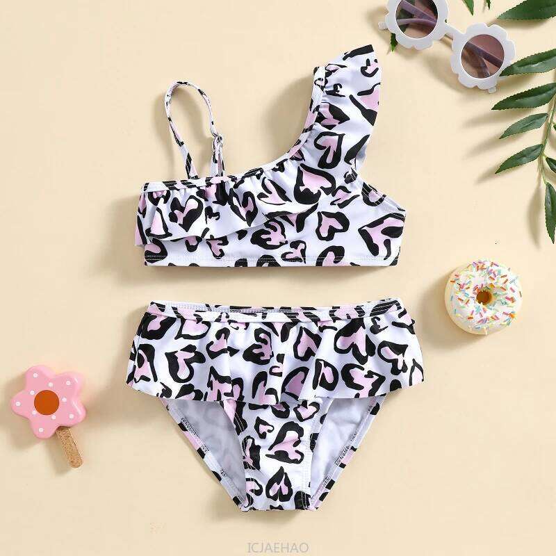 2025 Kids Girls New Heart Print Swimsuit Two Piece Set Hot Spring Beach Swimwear Casual Simple Wear Matching Vacation Clothes