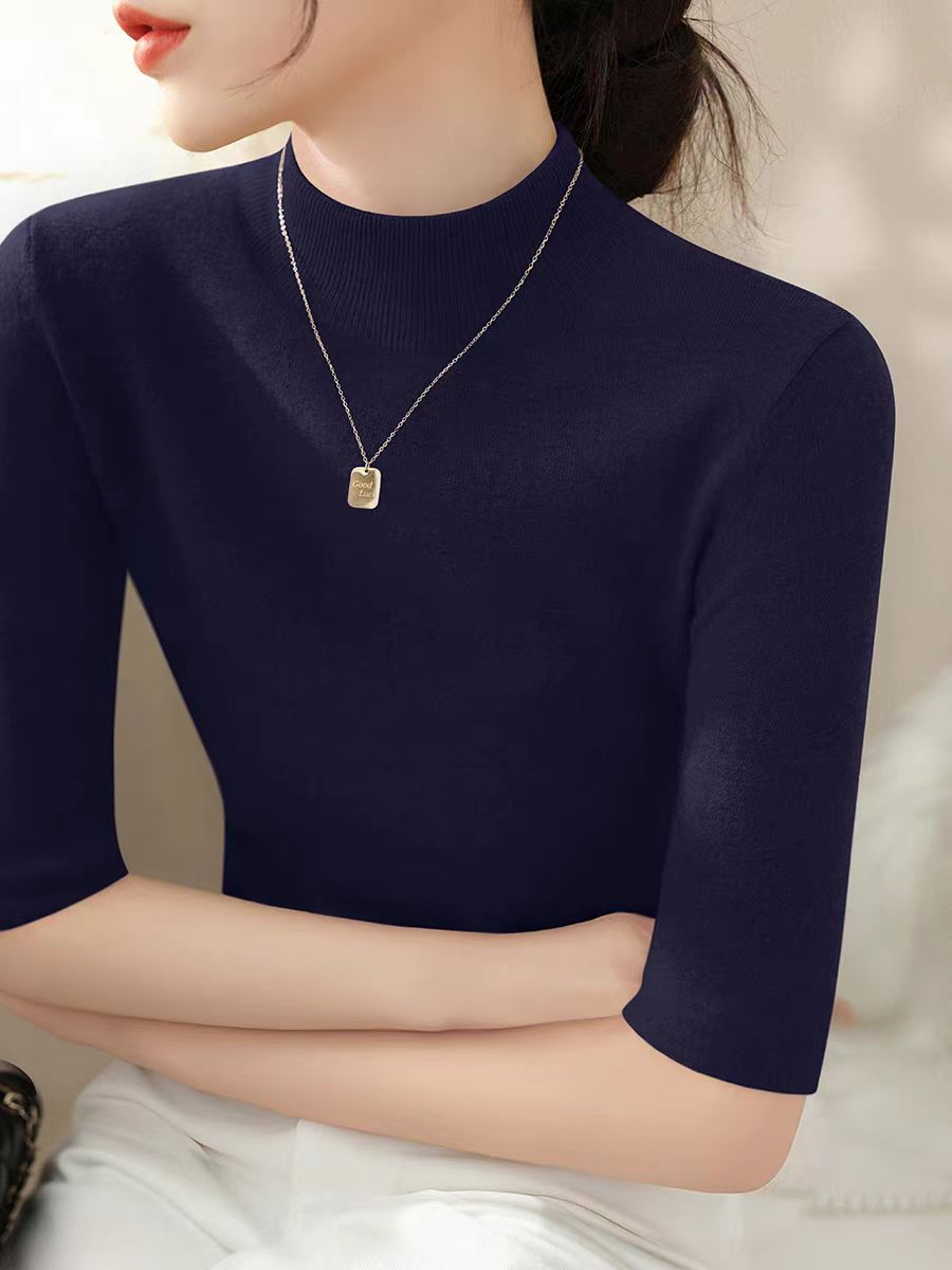 Spring and Autumn Women's T-shirt simple French temperament solid color five-quarter sleeve bottoming shirt