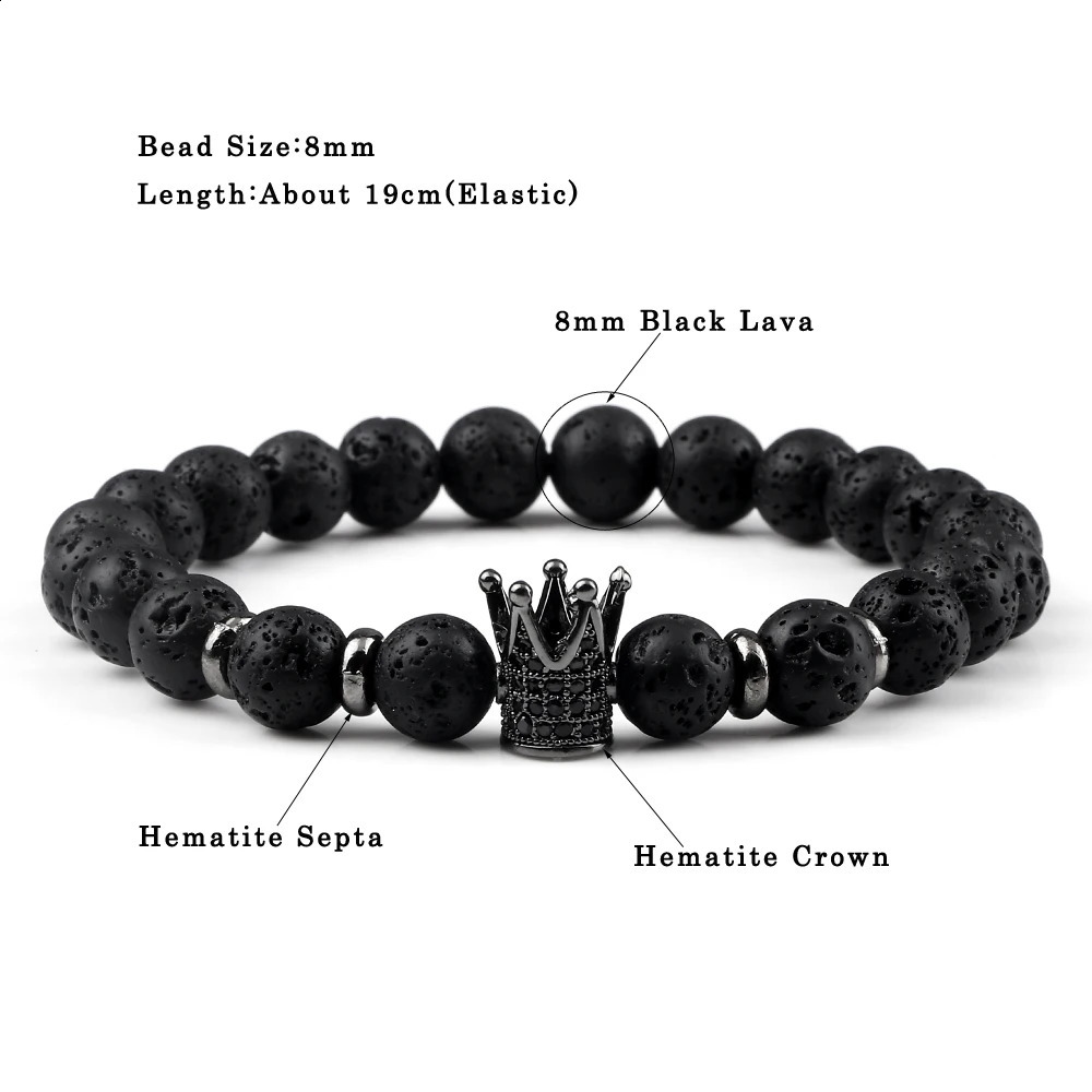 Vintage CZ King Crown Charm Bracelets For Men 8mm Natural Black Lava Stone Beads Stretch Fashion Women Healing Jewelry 250613
