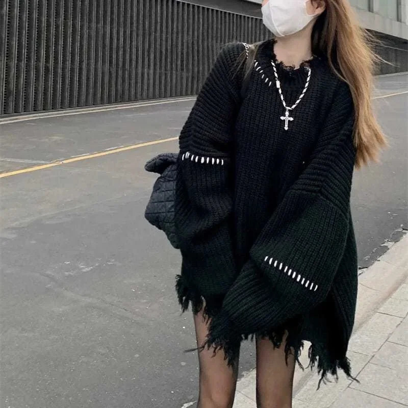 Black Loose Oversize Tassel Spliced Long Knitted Sweater Women Autumn Winter Patchwork Y2K Punk Gothic Sweater Knitwear Pullover 250614