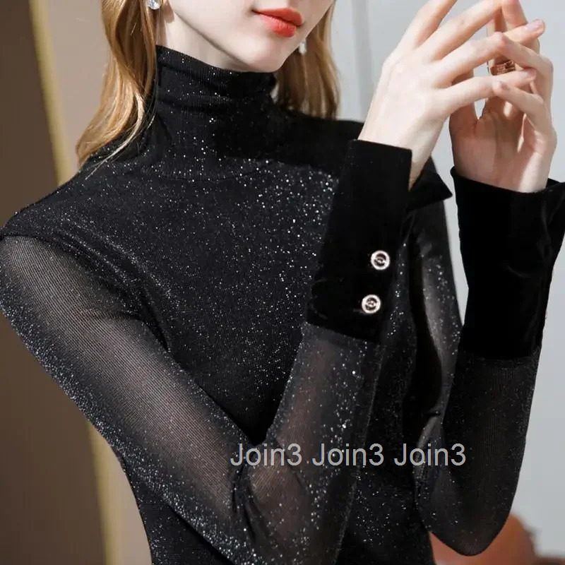 Blue Tees Rhinestone Turtleneck 2025 Sequin Female Tops Glitter Purple Womens T Shirts Clothes Kpop Aesthetic Funny Xxl Tshirts