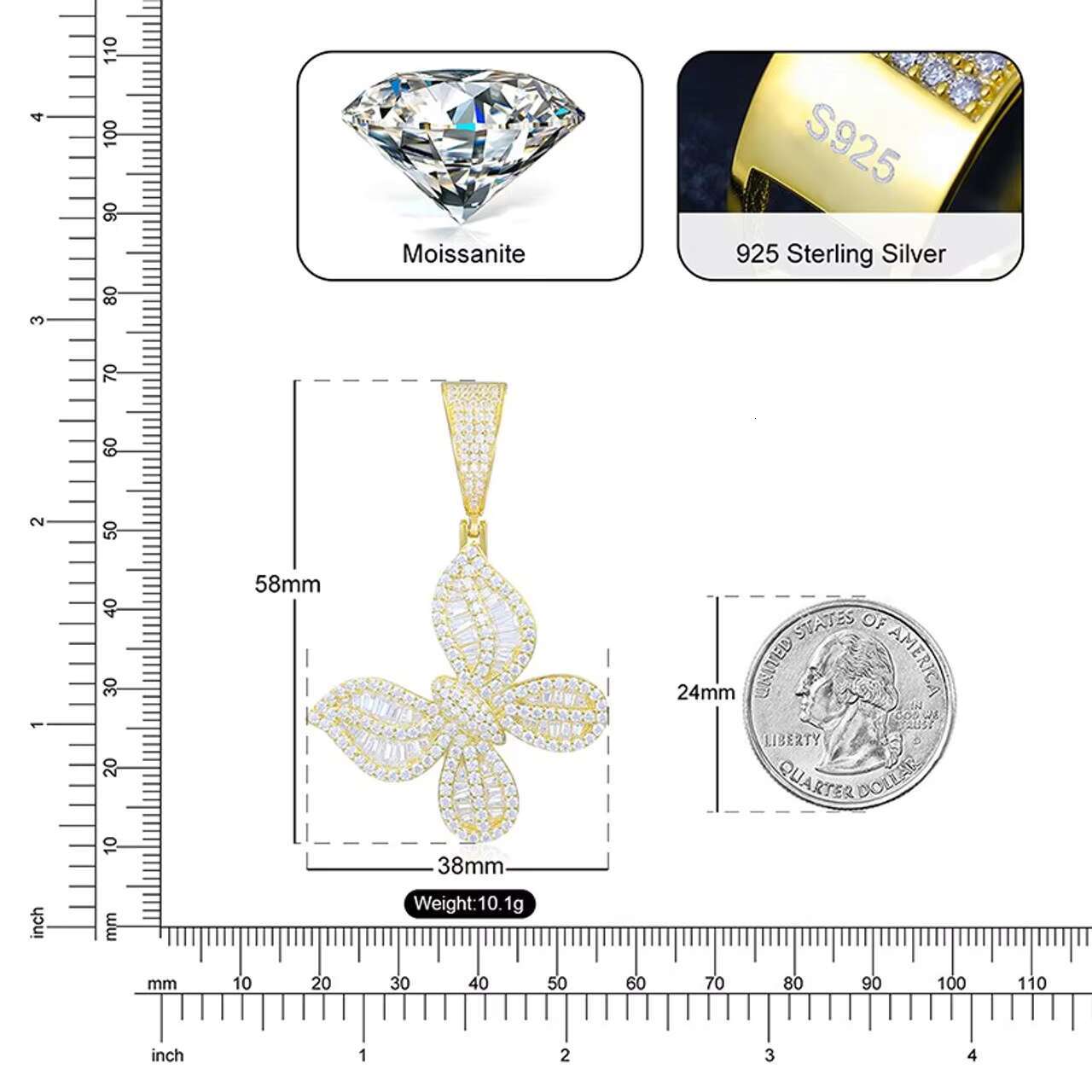 Luxury Fashion Womens 925 Iced Blinged Moissanite Necklace Elegant Solid Baguette Butterfly Shaped Pendant New Elegant Design
