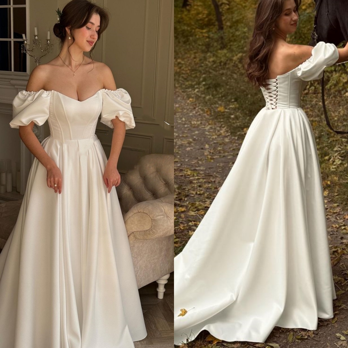 Princess Renaissance Wedding Dress A-Line Off Shoulder Victorian Elopement Corset Bridal Gown Fairy Satin Simple Garden Bride Dresses
