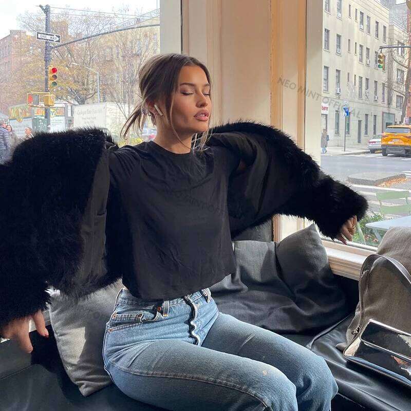 Neo Mint Street Fashion Shawl Collar Faux Fox Coat Women 2024 Winter Cool Girls Black Short Fur Jacket Vintage Chic Overcoat