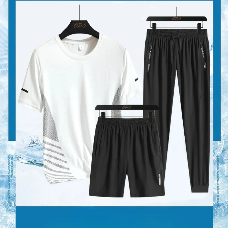 Mens Ice Silk Quick Drying Three Piece Set with Round Neck Short Sleeved T-shirt Comfortable Sports Sets Casual Pants Shorts 250617