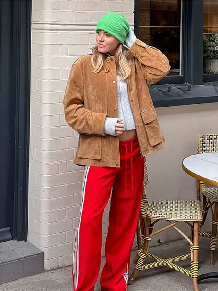 Spring Suede Womens Jacket Fashion Patchwork Lapel Single Breasted Female Coat 2025 Retro Khaki Full Sleeves Loose Lady Coats 250617